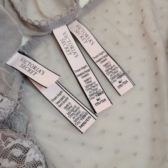 VS Dream Angels 3pc Bra & Panties Set Size 34E/med ☆ Gray Dotted Lace - Picture 6 of 7